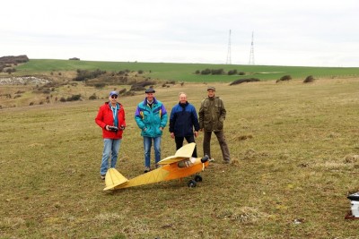 Only minutes after (dead stick!) landing, with members of MFC The Bloobirds, Dover, me in red jacket.